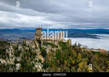 San Marino castle Guaita tower drone aerial view on a cloudy day Banque D'Images