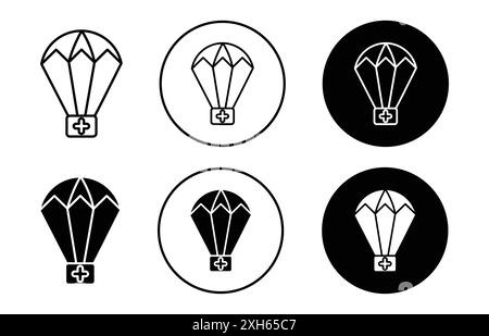 Parachute avec icône de trousse de premiers soins symbole vectoriel ou ensemble de signes collection dans un contour noir et blanc Illustration de Vecteur