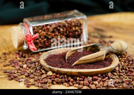 Sumach sicilien (Rhus coriaria), graines de sumac séchées, entières et moulues sur une assiette en bois avec une cuillère, avec pot Banque D'Images