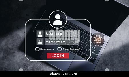Ordinateur portable avec interface VR pour confirmer l'authentification de l'entité. Concept de connexion par mot de passe de sécurité en ligne. Interface de balayage pour la protection des données d'empreintes digitales. Sécurisez les informations contre les dangers. Banque D'Images