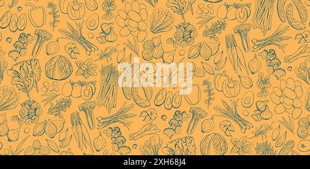 Motif sans couture vintage de contour de légumes sur fond orange. Illustration vectorielle de nourriture végétarienne pour textile, tissu, linge de table comme nappe Illustration de Vecteur