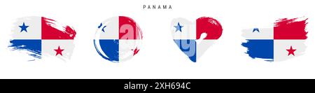 Panama dessiné à la main icône de drapeau de style grunge ensemble. Bannière panaméenne aux couleurs officielles. Forme de coup de pinceau libre, cercle et en forme de coeur. Illustration plate Banque D'Images