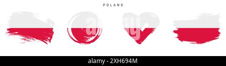 Pologne dessiné à la main icône de drapeau de style grunge ensemble. Bannière polonaise aux couleurs officielles. Forme de coup de pinceau libre, cercle et en forme de coeur. L'illustration plate est Banque D'Images