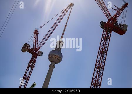 Baukraehne BEI der Baustelle des Hochhausprojekts von Convivio am Alexanderplatz à Berlin AM 14. Mai 2024. Hochhausprojekt am Alexanderplatz *** grues de construction sur le chantier du projet de gratte-ciel Convivio à Alexanderplatz à Berlin le 14 mai 2024 projet de gratte-ciel à Alexanderplatz Banque D'Images