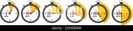 De 5 minutes à 30 minutes sur icône chronomètre dans un style plat. Illustration vectorielle de minuterie de cadran d'horloge sur fond isolé. Signe de compte à rebours, con Illustration de Vecteur