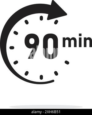 90 minutes sur l'icône du chronomètre dans un style plat. Illustration vectorielle de minuterie de visage d'horloge sur fond isolé. Concept commercial de signe de compte à rebours. Illustration de Vecteur