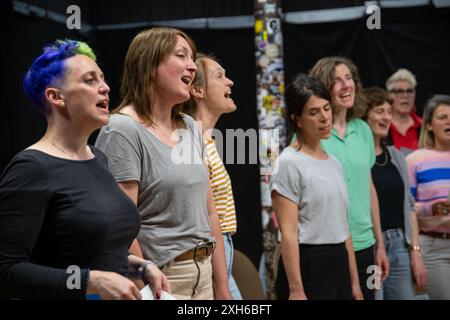 02 juillet 2024, Bavière, Nuremberg : Iris Thumann (2ème à partir de la gauche) chante parmi d'autres femmes. Avec un répertoire moderne qui va au-delà de la littérature chorale habituelle, les Desirenen connaissent un grand succès à Nuremberg et attirent de plus en plus de chanteuses. En conséquence, deux autres chorales de femmes ont déjà émergé de celles qui s'intéressent au projet de chœur fondé en 2013. Photo : Pia Bayer/dpa Banque D'Images