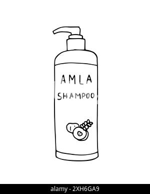 Shampooing Amla. Bouteille de shampooing dessinée à la main. Groseille indienne. Illustration dessinée à la main isolée sur fond blanc. Illustration de Vecteur