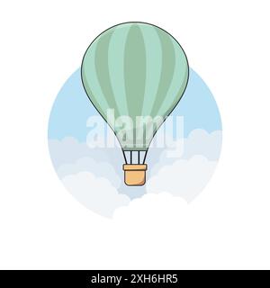 Green Striped Cartoon Hot Air Balloon sur le ciel bleu et les nuages fond illustration vectorielle plate. Voyage et aventure. Vol en montgolfière. Illustration de Vecteur