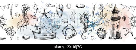 Animaux marins sous-marins, un phare et un bateau. Illustration de dessin au trait graphique en noir et blanc, dessiné à la main. Bordure horizontale sans couture Illustration de Vecteur