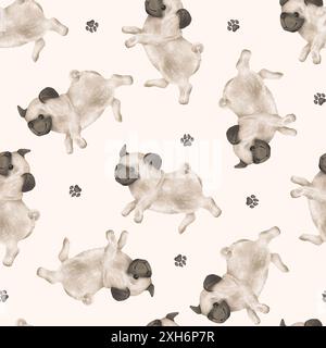 Modèle sans couture de chiens d'animaux et de pattes pour les enfants. Illustration dessinée à la main de carlin en cours d'exécution ou de saut sur fond isolé. Minimaliste scandinave Banque D'Images