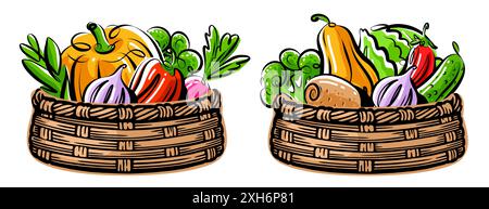 Assortiment de légumes biologiques dans un panier en osier. Nourriture végétarienne de ferme. Illustration vectorielle colorée Illustration de Vecteur