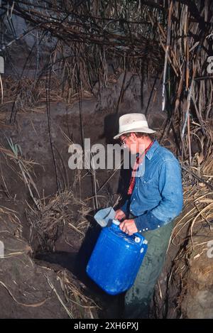 Canot remplissant le conteneur d'eau, sources chaudes à Rio Grande, les Lower Canyons of Rio Grande, Black Gap Wildlife Management Area, Texas, États-Unis Banque D'Images