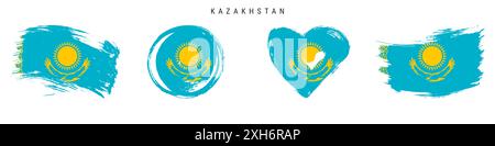 Kazakhstan dessiné à la main icône de drapeau de style grunge ensemble. Bannière kazakhe aux couleurs officielles. Forme de coup de pinceau libre, cercle et en forme de coeur. Illustration plate Banque D'Images