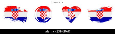 Croatie dessinée à la main icône de drapeau de style grunge ensemble. Bannière croate aux couleurs officielles. Forme de coup de pinceau libre, cercle et en forme de coeur. Illustration plate Banque D'Images