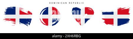 République dominicaine dessin à la main icône drapeau style grunge ensemble. Bannière Republica Dominicana aux couleurs officielles. Forme de trait de pinceau, cercle et coeur libre Banque D'Images