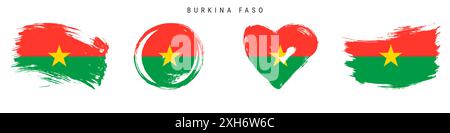 Burkina Faso dessiné à la main icône de drapeau de style grunge ensemble. Bannière Volta supérieure aux couleurs officielles. Forme de coup de pinceau libre, cercle et en forme de coeur. Plat illu Banque D'Images