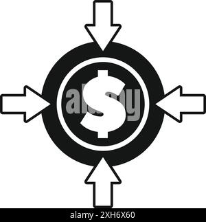 Icône noire et blanche de flux d'argent avec des flèches pointant vers une pièce de dollar, symbolisant les transactions financières Illustration de Vecteur