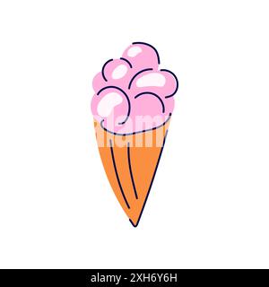 Crème glacée rose dans le cône de gaufre dans le style de bande dessinée. Motif dessert à la fraise. Illustration vectorielle isolée sur fond blanc. Illustration de Vecteur