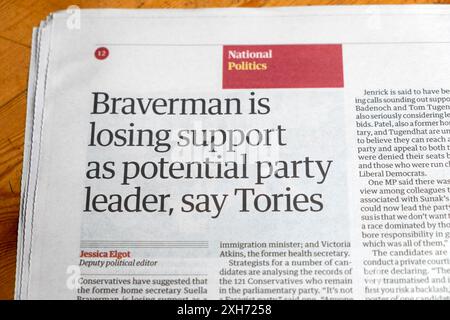 Suella 'Braverman perd son soutien en tant que chef potentiel du parti, selon le journal Tories' Guardian titre de l'article sur la direction conservatrice 8 juillet 2024 Royaume-Uni Banque D'Images