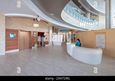 Réception principale. Hôpital pour femmes et enfants Danat Al Emarat, Abu Dhabi, Émirats arabes Unis. Architecte : HKS Architects Limited, 2015. Banque D'Images