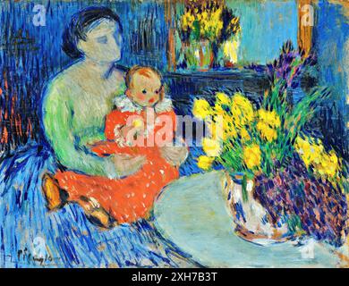 Mère et enfant avec des fleurs, 1901 (peinture) par l'artiste Picasso, Pablo (1881-1973) Espagnol. Illustration de Vecteur