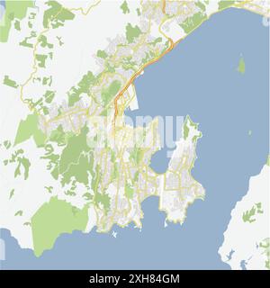 Road map of Wellington in New Zealand. Contains layered vector with roads water, parks, etc. Stock Vector