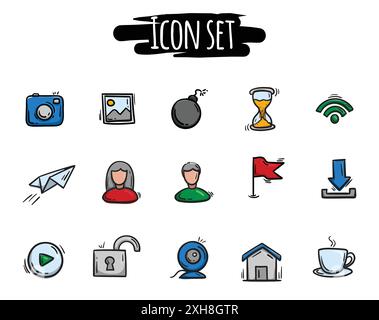 Ensemble vectoriel d'icônes dessinées à la main colorées. Signes et symboles liés aux médias sociaux. Pictogrammes simples modifiables Illustration de Vecteur