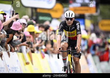 Pau, France. 12 juillet 2024. Le belge Arnaud de lie de Lotto Dstny franchit la ligne d'arrivée de l'étape 13 du Tour de France 2024, d'Agen à Pau, France (165, 3 km) le vendredi 12 juillet 2024. La 111ème édition du Tour de France débute le samedi 29 juin et se termine à Nice le 21 juillet. BELGA PHOTO JASPER JACOBS crédit : Belga News Agency/Alamy Live News Banque D'Images