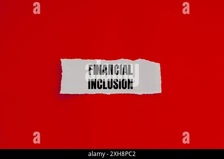 Message d'inclusion financière écrit sur un morceau de papier déchiré avec fond rouge. Symbole conceptuel d'inclusion financière. Copier l'espace. Banque D'Images