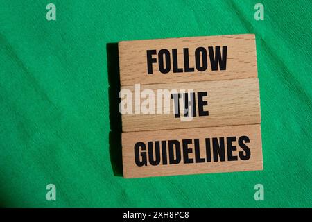Suivez les mots de directives écrits sur des blocs de bois avec fond vert. Conceptuel suivre le symbole des directives. Copier l'espace. Banque D'Images