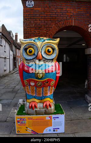 The Big Hoot Owl sculpture Trail Chichester Angleterre un événement sauvage dans l'art par Chestnut Tree House - Minerva créé par Judith Berrill Banque D'Images