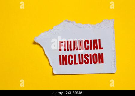 Mots d'inclusion financière écrits sur un papier blanc déchiré déchiré sur fond jaune. Symbole conceptuel d'inclusion financière. Copier l'espace. Banque D'Images