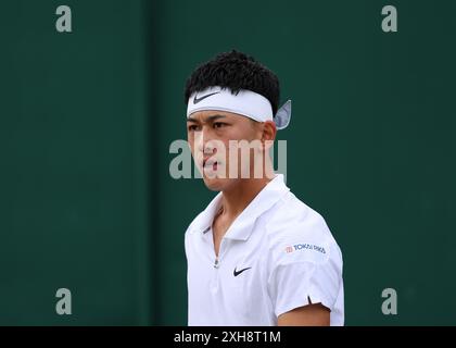 Londres, Royaume-Uni. 12 juillet 2024. 12 juillet 2024 ; All England Lawn Tennis and Croquet Club, Londres, Angleterre ; tournoi de tennis de Wimbledon, jour 12; Tokito Oda (JPN) en action contre Martin de la Puente (ESP), Gentlemen's Wheelchair Singles demi-finales crédit : action plus Sports images/Alamy Live News Banque D'Images