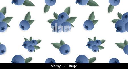 Motif sans couture 3d Papercut Blueberry Cutout fruit de baies. Fruits en couches d'été pour le restaurant, la nourriture, les boissons, les bars, les recettes, été, bonbons, vegan, s Illustration de Vecteur