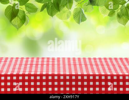 Nappe de pique-nique sur la table sous les branches d'arbres à l'extérieur Banque D'Images