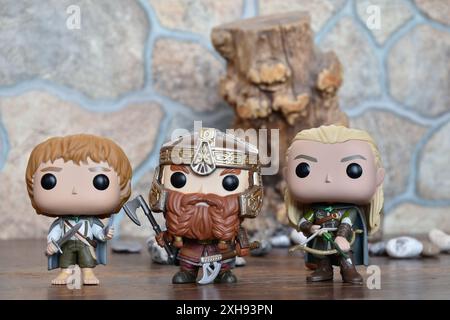 Funko Pop figurines d'action de hobbit Sam, nain Gimli et Elf Legolas du film fantastique le Seigneur des anneaux. Guerriers, Fellowship of the Ring. Banque D'Images