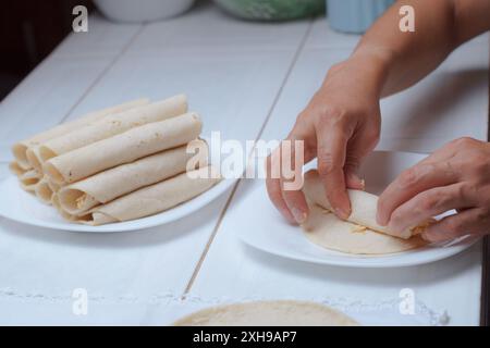 Femme chef préparant des tacos dans sa cuisine, seules ses mains sont vues rouler une tortilla pour faire de délicieux tacos mexicains, vue rapprochée. Banque D'Images