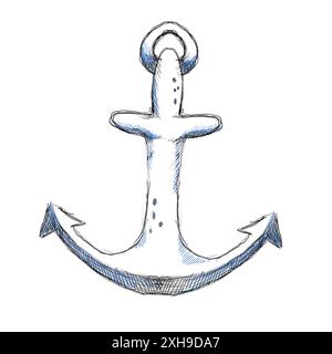 Illustration détaillée dessinée à la main d'une ancre nautique, parfaite pour les thèmes maritimes et liés à la voile. Banque D'Images