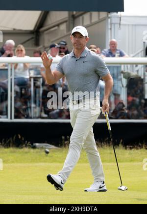 North Berwick, Écosse, Royaume-Uni. 12 juillet 2024. Deuxième jour au Genesis Scottish Open au Renaissance course près de North Berwick dans East Lothian. Pic ; Rory McIlroy réagit après par putt sur le 6ème trou. Iain Masterton/Alamy Live News Banque D'Images