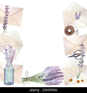 Envelopes, lavender flowers, scissors, jute rope frame isolated on white. Hand painted watercolor. High quality stationary textured art great for card Banque D'Images