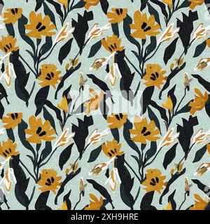 Motif imprimé fleuri sauvage moderne en tissu imprimé avec textures de tissu en lin. Fleurs sombres boho dessinées à la main stylisées pour les éléments de design décoratifs Banque D'Images