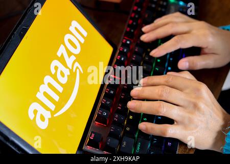 Paraguay. 12 juillet 2024. Dans cette illustration photo, une personne tape à côté du logo Amazon affiché sur l'écran d'une tablette. (Photo de Jaque Silva/SOPA images/SIPA USA) *** strictement à des fins éditoriales *** crédit : SIPA USA/Alamy Live News Banque D'Images