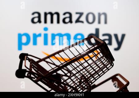 Paraguay. 12 juillet 2024. Dans cette illustration photo, un panier est visible devant le logo Amazon Prime Day. (Crédit image : © Jaque Silva/SOPA images via ZUMA Press Wire) USAGE ÉDITORIAL SEULEMENT! Non destiné à UN USAGE commercial ! Banque D'Images