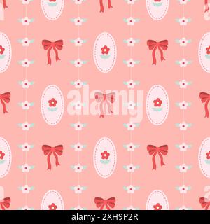 Joli motif sans couture avec des noeuds en ruban rouge et de petites fleurs. Illustration de Vecteur