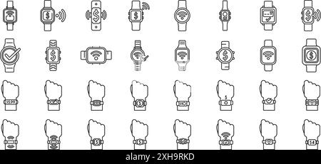 Paiement avec icônes de montres intelligentes définies. Ensemble d'icônes de montre intelligente représentant différentes fonctionnalités, y compris le paiement nfc, l'authentification biométrique, la connexion wifi et plus encore Illustration de Vecteur