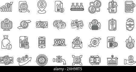 Icônes de flux de trésorerie définies. Icônes de ligne de chiffre d'affaires monétaires montrant différents aspects des transactions financières, du change de devises et des paiements récurrents Illustration de Vecteur