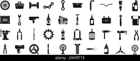 Jeu d'icônes de magasin de réparation et d'entretien de bicyclettes. Ensemble d'icônes noires représentant différentes pièces de vélo, outils et accessoires utilisés par les mécaniciens pour la réparation de vélo Illustration de Vecteur