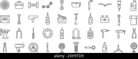 Jeu d'icônes de magasin de réparation et d'entretien de bicyclettes. Outils d'atelier de vélo et équipement pour la fixation et l'entretien d'un vélo dans le style de ligne mince Illustration de Vecteur