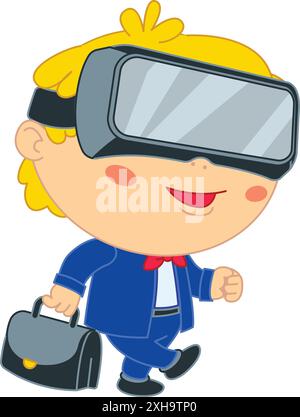 Homme d'affaires heureux marchant et utilisant un casque de réalité virtuelle Illustration de Vecteur